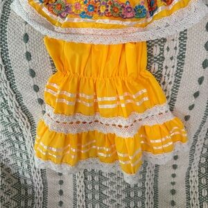 Yellow Ruffled Dress with Floral Embroidery
